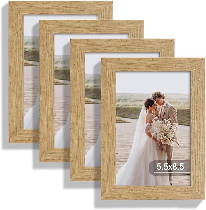 Hongkee 5.5 x 8.5 Diploma Frame Set of 4, Made of Real Glass and Natural Oak Frame, 5.5 by 8.5 Photo for Wall or Tabletop