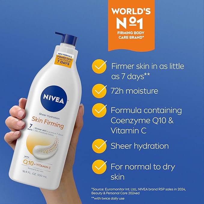 NIVEA Sheer Hydration Skin Firming Body Lotion (16.9 Fl Oz) + Skin Firming & Toning Body Gel Cream with Hyaluronic Acid (6.7 Oz), Enriched with Q10 and Vitamin C