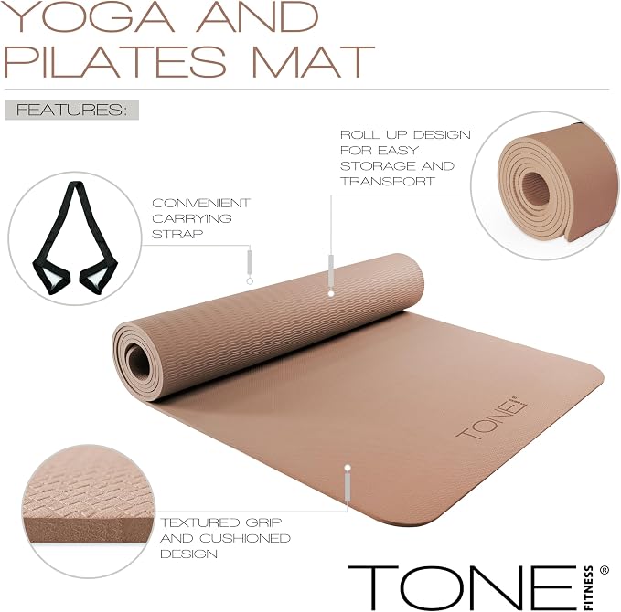 TONE Fitness Yoga Mat 1/4" Thick Non Slip Exercise & Pilates Mat for Home Workouts with Carrying Strap | Multiple Options