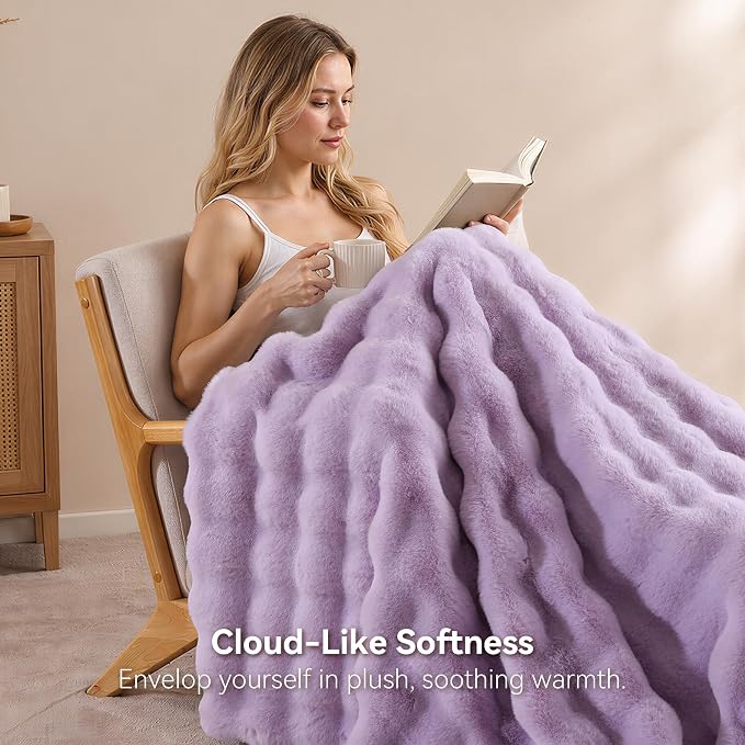 Faux Fur Throw for Couch - Light Purple Bubble Blanket 50"x60" | Fluffy Plush Fuzzy Throw for Sofa & Bed, Super Soft Cozy Comfrt Blanket, Luxury Aesthetic Purple Decor Gift for Women