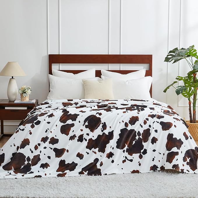 Cozy Bliss Cow Print Throw Blanket for Bed - Super Fuzzy Thick Soft Warm Fleece Blankets for Couch & Room Décor, for Women Men Girls Kids, Dark Brown Queen Size 90"*90"
