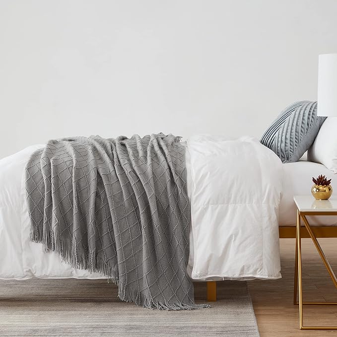 BOURINA Light Grey Throw Blanket 50x90Inch Boho Knit Soft Throw Bed Blanket | Knitted Throw Blanket 50x90 Inches, Soft Lightweight Boho Weave Throw Decorative Couch Blanket for Living Room Bed Runner