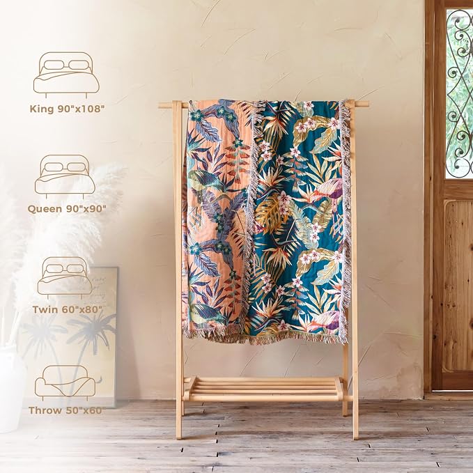 LUTBM Boho Throw Blanket for Bed 60"x80", All Season Cotton Couch Blankets | Reversible Leaves Birds Jacquard, All-Season Twin Lightweight Breathable Quilt, For Chair Sofa Bedroom Living Room