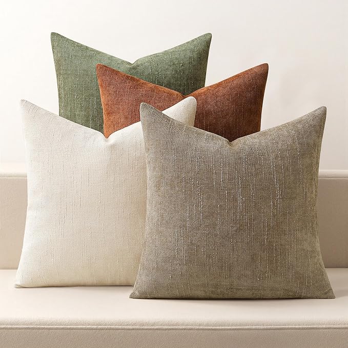 MIULEE Pack of 4 Fall Decorative Throw Pillow Covers 18x18 Inch Chenille Textured Throw Pillows Boho Farmhouse Cushion Covers Vintage Home Decor for Couch Sofa Bed Living Room，Taupe Brown Green