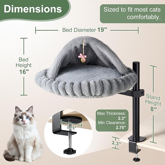 Cat Desk Bed with Self-Heating Pad – Adjustable Desk Mounted Cat Bed Nest with Bell | Cozy Cat Hammock for Desk, Cat Bed for Desk Attachment & Furniture-Loving Cats
