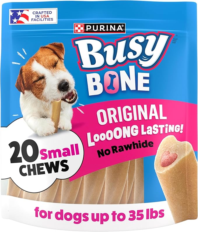 Purina Busy Bone Adult Small Dog Chew Treats, Original, 20 ct Pouch | Rawhide free chew with a real meat center for small dogs up to 35 lbs, long lasting chew that helps clean teeth