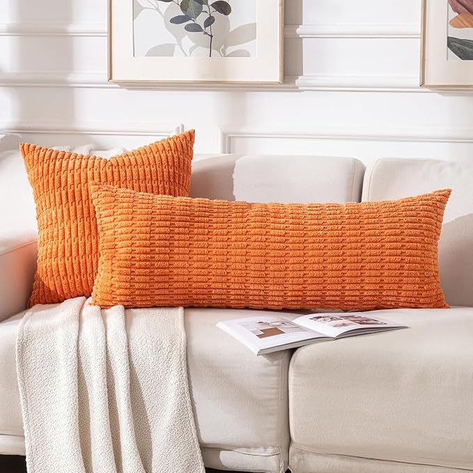 Fancy Homi Decorative Throw Pillow Covers for Bed Couch Bedroom Bench, Soft Corduroy Solid Pillow Case, Rustic Farmhouse Boho Room Decor,36" x 14" (Pack of 1),Orange