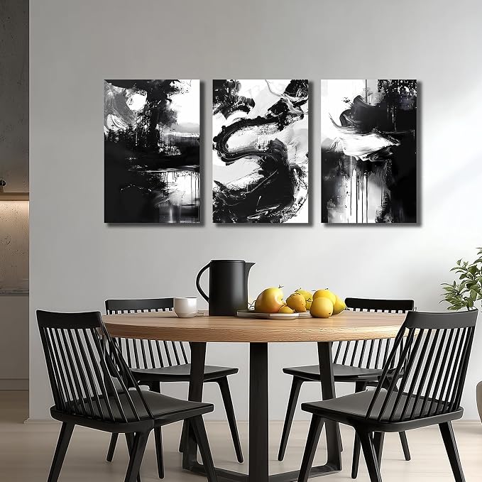 DNIEOTU Abstract Canvas Wall Art for Living Room, Black and White Picture Prints Wall-Decor for Bedroom, Size 16 x 24 Inches 3-Piece