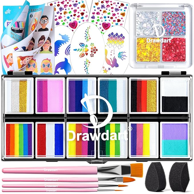Professional Face Painting Kit for Kids Adults, Rainbow Split Cake Face Paint Palette 12 x 10gm+ 4 Colors Pro Pressed Glitter Eyeshadow Palette, with Brushes Sponges Gems Stencils