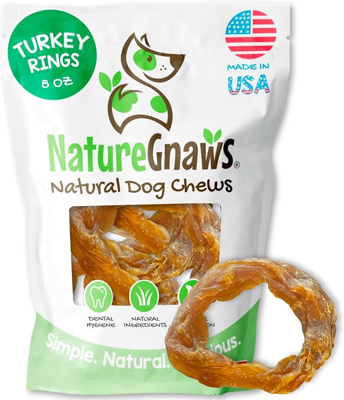Nature Gnaws USA Turkey Tendon Rings Dog Treats, 8 oz | Grain Free Reward Snack for Small, Medium & Large Breeds - Premium Natural Dog Chew Treats - No Artificial Preservatives