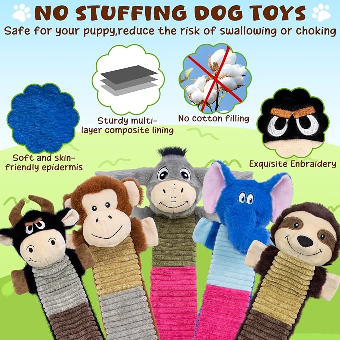 5 Pack No Stuffing Dog Squeaky Toys, Chew with Crinkle to Large Puppy
