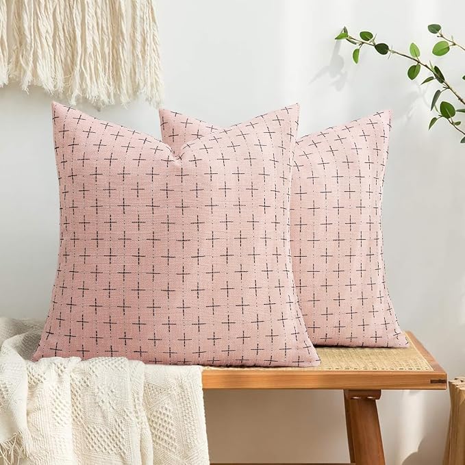 MIULEE Pack of 2 Cute Decorative Burlap Linen Valentine Throw Pillow Covers Farmhouse Pillowcases Modern Rustic Woven Textured Cushion Cover for Sofa Couch Bed 24x24 Inch Pink