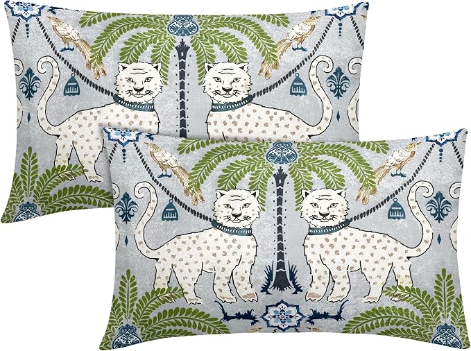 Chinoiserie Animal Print Leopard Tropical Tree Lumbar Pillow Covers 12X20 Inch Set of 2 Vintage Asian Tiger Birds Pillow Cases Green Cotton Linen Cushion Case Farmhouse Home Decor For Sofa Couch