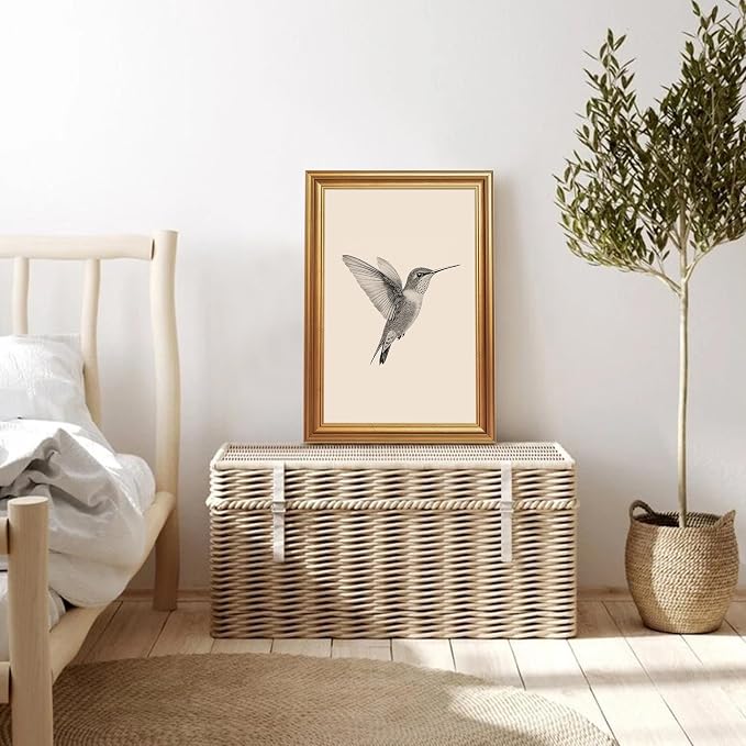 JLTULT Vintage Hummingbird Wall Art, Gold-Tone Framed Canvas, 16 x 24 In | Black-and-white hummingbird art on fade-resistant canvas with a ready-to-hang gold-tone PS frame for bedrooms and offices