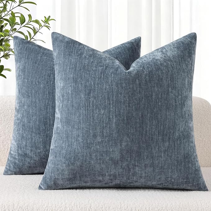 decorUhome Soft Chenille Haze Blue Throw Pillow Covers 18X18 Set of 2 | Decorative Fall Couch Pillow Covers Solid Dyed Accent Modern Farmhouse Neutral Square Pillow Cases for Sofa