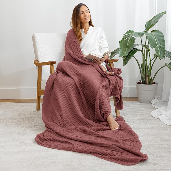 Comfy Cubs Adult Muslin Blanket 50x60” Throw Swaddle Blankets, Wine | 6 Layer Soft, Breathable & Lightweight Muslin Adult Blanket - Machine Washable & Designed in the US Bedding for All Seasons