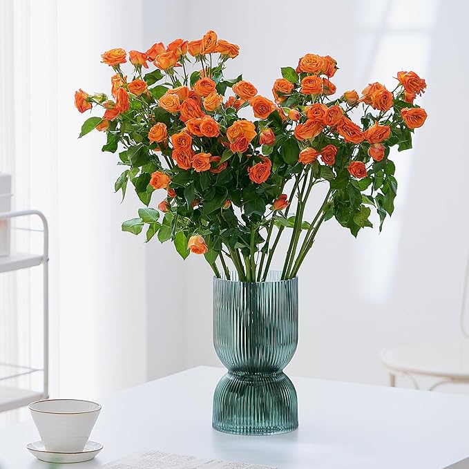 7.5 inch Vase for Flowers, Teal Ribbed Thickened Glass Vases, Hourglass Bud Flower Vase for Bookshelf, Dinner Table, Indoor Office Desktop, Meeting Room, Bathroom, Home Decor, Christmas Decoration