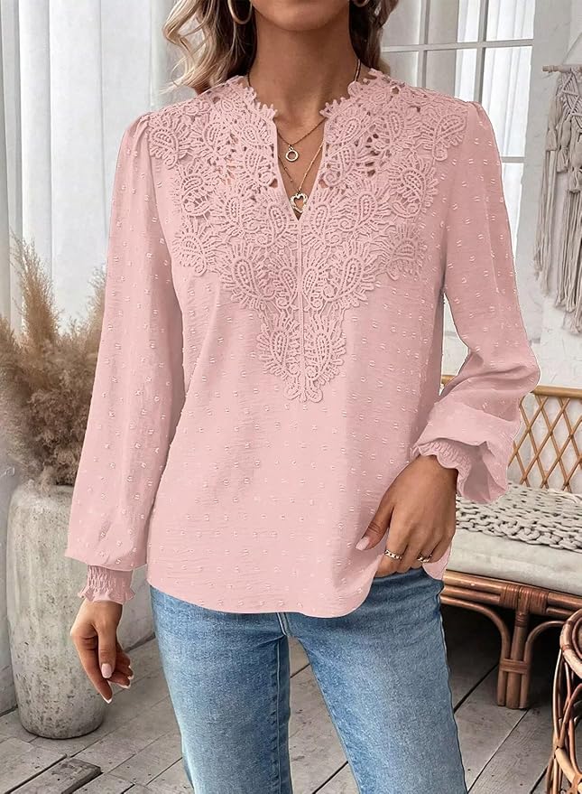 Womens Tops Swiss Dot Boho Long Sleeve Shirts V Neck Casual Chiffon Blouses Flowy Lace Hem Cute Clothing Trendy 2026