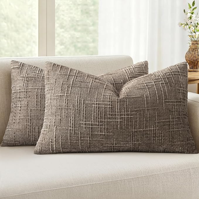 MIULEE Chenille Textured Lumbar Throw Pillow Covers Taupe Grey 12x20 | Set of 2, Slubby Decorative Pillows, Fall Boho Farmhouse Decor, Modern Neutral Cushion Covers for Couch Sofa Bed Living Room