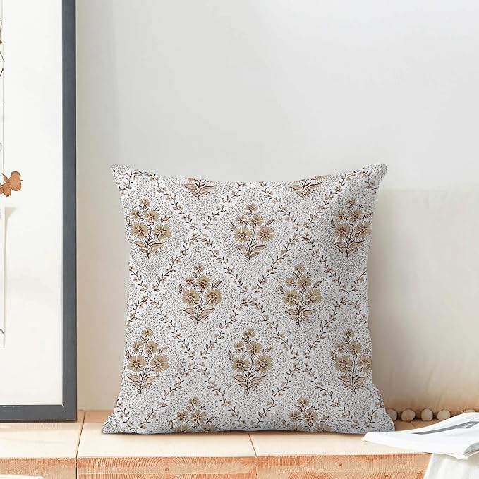 Floral Pillow Covers 18X18 Set of 2 Block Print Brown Flower Decorative Throw Pillow Covers Boho Modern Floral Decor Pillowcase Farmhouse Linen Cushion Case for Sofa Couch Outdoor Decoration