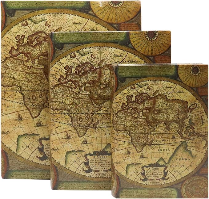 Jolitac Decorative Book Boxes World Map Pattern Antique Book Invisible box with Magnetic cover, Faux Wood Set of 3 Storage Set (Map)