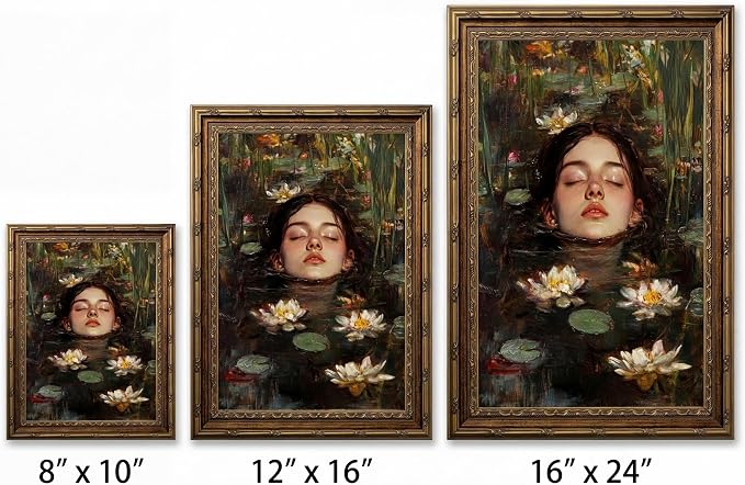 Vintage Gold Framed Gothic Wall Art, Ophelia Inspired Woman Portrait Print | Dark Academia Romantic Victorian Oil Painting Canvas Print Picture Wall Decor for Living Room Bedroom Office, 8x10 Inch