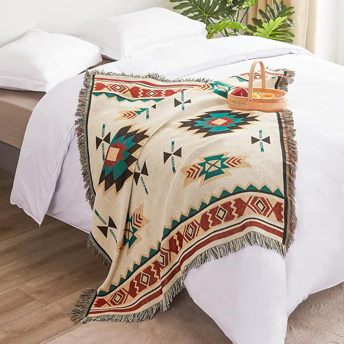 Native American Blanket Western Decor Boho Throw Blanket for Sofa, Mexican Decorative Farmhouse Blanket, Southwest Decor Woven Blankets, Aztec Throw Blankets with Tassel(Beige,50×60 inch)