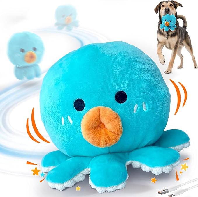Interactive Dog Toys, Moving Squeaky Octopus Toy with Bouncing Ball, Rechargeable Rolling Dog Toy for Small Medium Large Dogs to Keep Them Busy, Jumping Music Talking Recording Mode