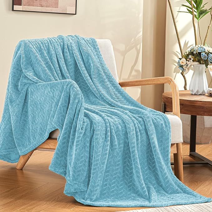 inhand Blue Fleece Queen Blanket for Bed, Super Soft Flannel Cozy Blankets for Adults, Lightweight Leaves Pattern Fuzzy Blanket for Office,Travel, Warm Plush Blankets for All Season, 90x90 Inches