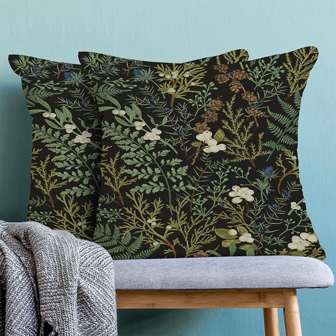 Spring Pillow Covers 16x16 Inch Set of 2,Black Sage Green Wild Flower Plant Throw Pillows Case,Seasonal Vintage Floral Outdoor Decorative Linen Farmhouse Decor Cushion Covers for Sofa Bed Couch