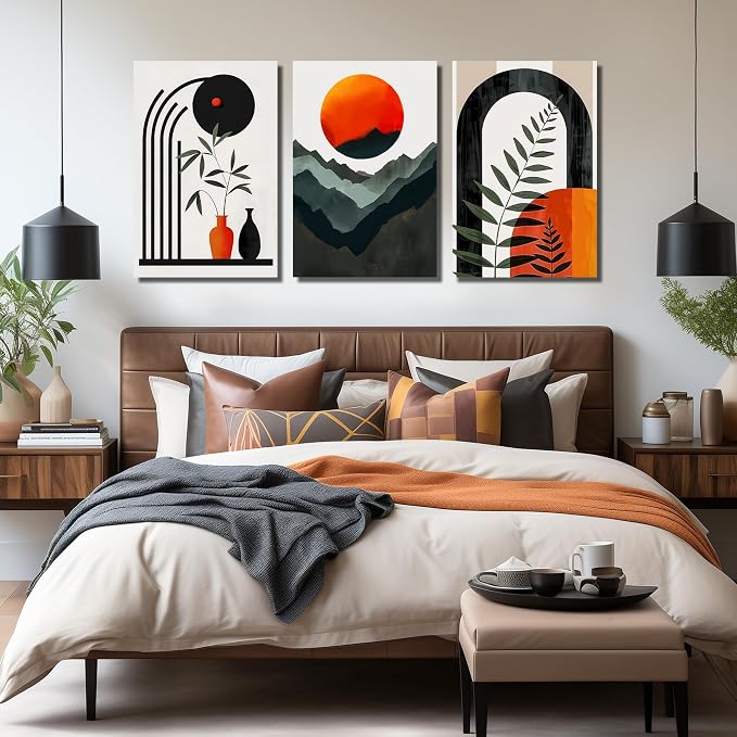 DNIEOTU Boho Canvas Wall Art for Living Room, Bohemian Wall-Decor for Bedroom, Minimalist Geometric Shapes Picture Prints, Size 24 x 36 Inches 3-Pieces