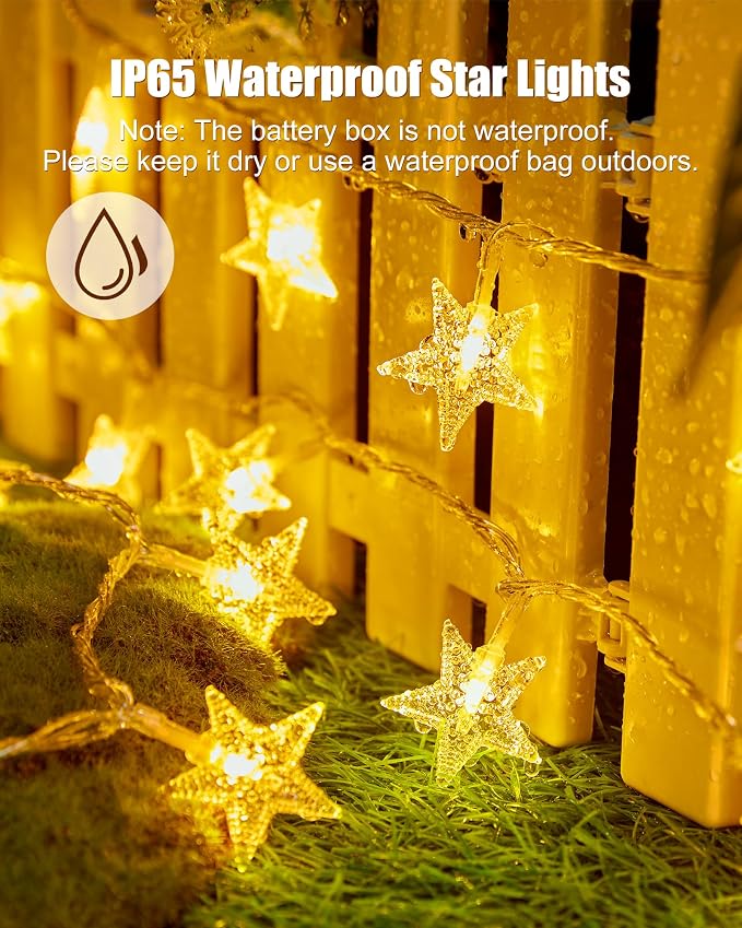 Minetom Star String Lights Battery Operated - 17 ft 50 LED Star Fairy String Lights with Timer, Waterproof for Indoor Bedroom Tent Loft Bed Patio Party Wedding Decor, Warm White