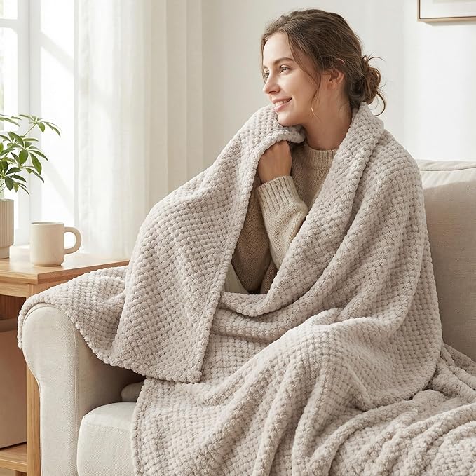 Exclusivo Mezcla Soft Waffle Fleece Bed Blanket King Size, Tan | Lightweight Plush Blanket for Bed, Bedroom, Cozy Flannel with Waffle Texture, Stylish Home Decor, All Season, 104x90 Inches