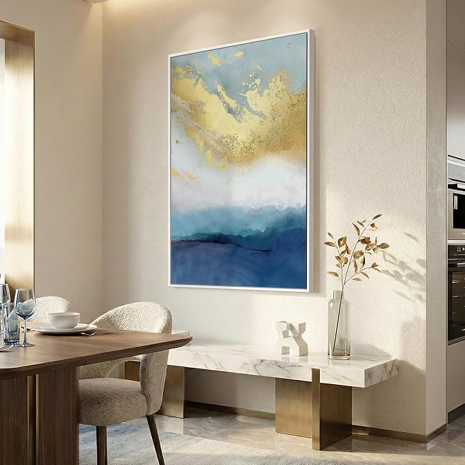 Large Framed Blue Gold Abstract Wall Art, Modern Vertical Canvas Prints Paintings Artwork for Walls, Minimalist Contemporary Pictures Wall Decor for Living Room Dining Room Bedroom Hallway 32x48 In