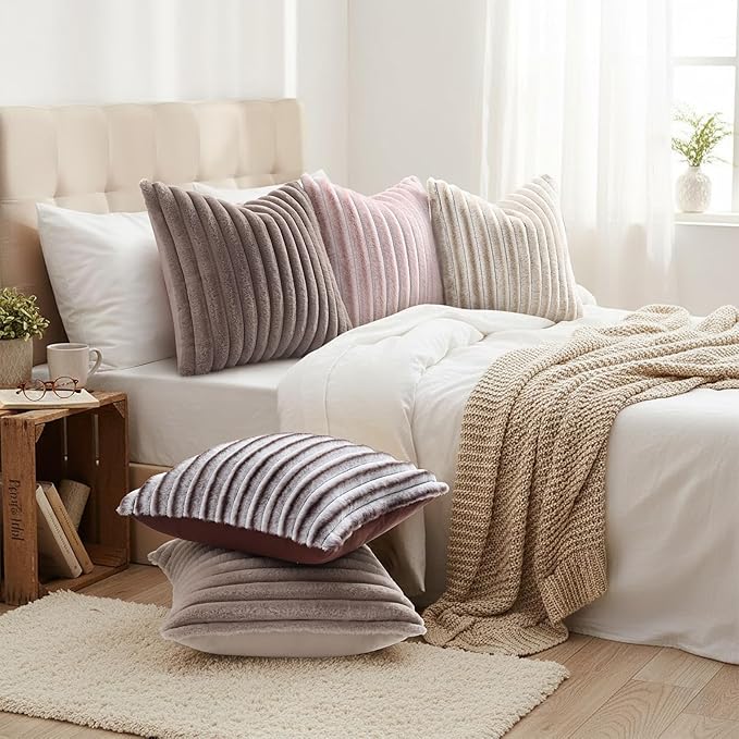 decorUhome Fall Faux Fur Throw Pillow Covers 20x20 Set of 2 Light Coffee | Decorative Soft Cozy Striped Plush Modern Farmhouse Boho Couch Pillow Cases Velvet Back for Sofa Bed Living Room Home Decor