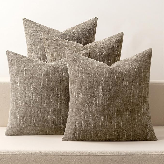 MIULEE Pack of 4 Fall Decorative Throw Pillow Covers 18x18 Inch Chenille Textured Throw Pillows Boho Farmhouse Rustic Cushion Covers Vintage Home Decor for Couch Sofa Bed Living Room，Taupe