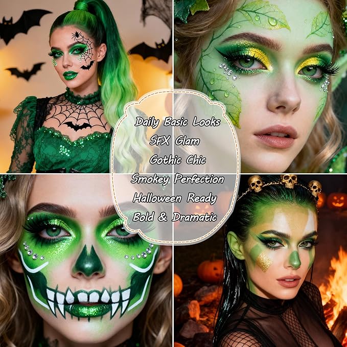 Erinde Green Eyeshadow Palette, 15 Colors Forest Emerald Lime Eye Shadow Palette, Matte Shimmer Metallic Glitter, Highly Pigmented Blendable Smokey Makeup Kit for Cosplay, Halloween & Parties