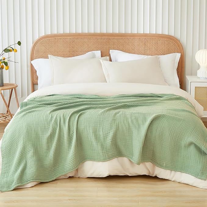 EMME Muslin Blankets for Adults Throw Blanket for Couch Breathable Gauze Soft Lightweight Airy Sage Green Queen 90" x 90"