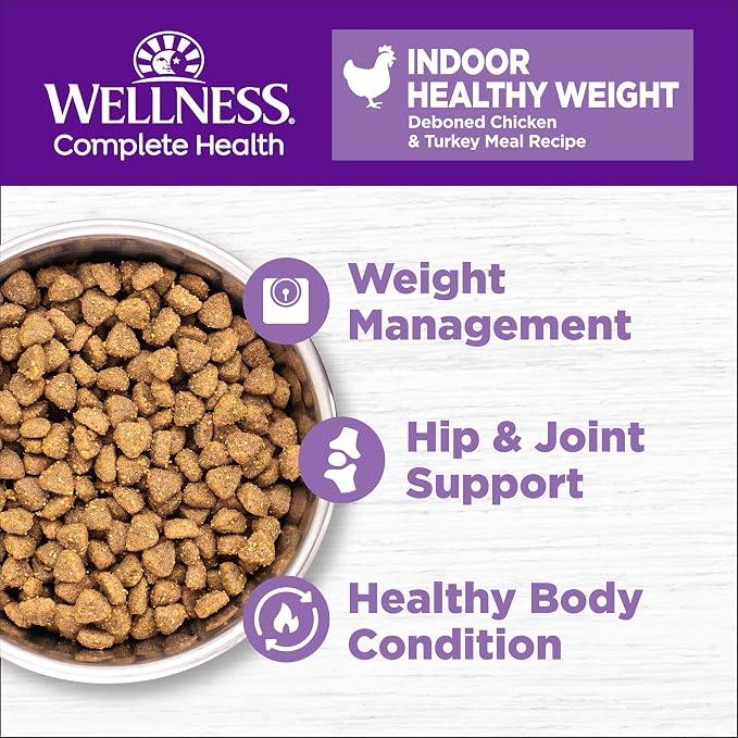 Wellness Complete Health Adult Dry Cat Food for Indoor Cats, Natural, Grain Free Kibble, Healthy Weight Chicken & Turkey Meal, 11.5 lb Bag