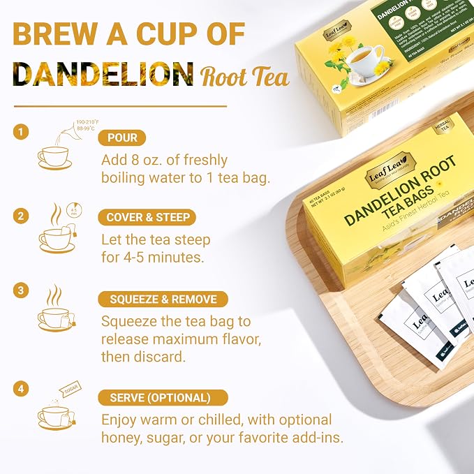 LeafLea Dandelion Root Tea Bags, Natural And Pure, 120 Count | Dandelion Root Herbal Tea, Promotes Healthy Digestion And Immune Function, Caffeine-Free, Sugar-Free, Vegan, Pack Of 3