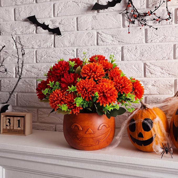 SiliFine Halloween Pumpkin Bucket with Artificial Flowers Halloween Vase | 6 Inch, Pumpkin Vase Planter Pot, Halloween Floral Centerpiece, Halloween Candy Holder, Desktop, Indoor Outdoor Holiday Decor