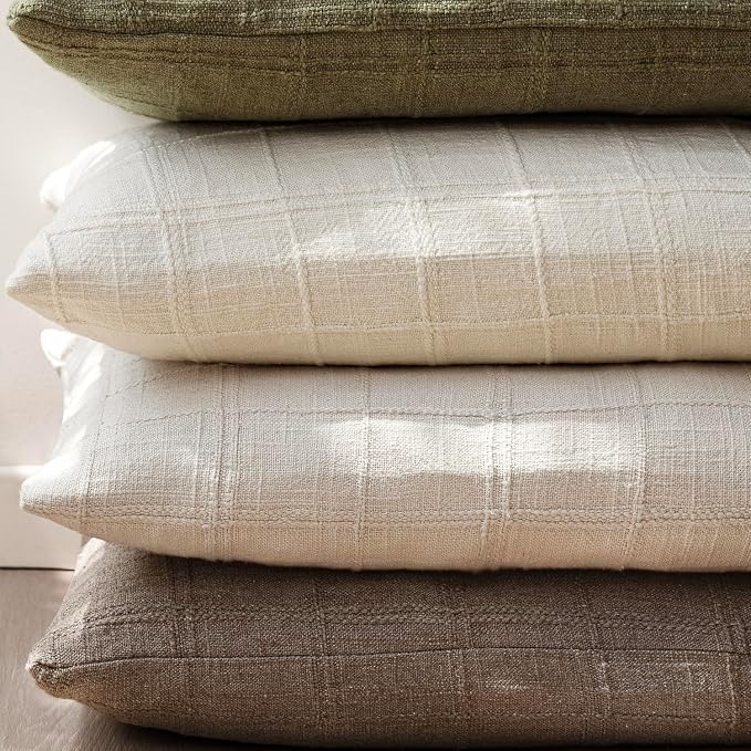 Foindtower Set of 2 Decorative Linen Check Throw Pillow Covers Neutral Farmhouse Vintage Cushion Covers Modern Boho Home Decor for Sofa Chair Couch Bedroom Living Room,24×24 Inch,Taupe Grey