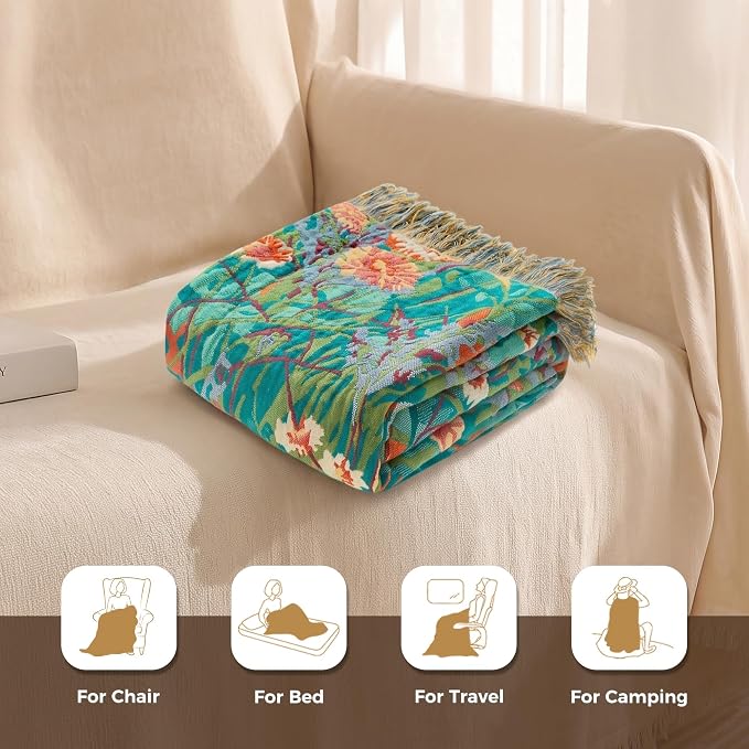 LUTBM Boho Throw Blanket for Bed 60"x80", All Season Cotton Couch Blankets | Reversible Floral Jacquard, Summer Lightweight Breathable Muslin Twin Quilt, For Chair Sofa Bedroom Living Room, Home Decor