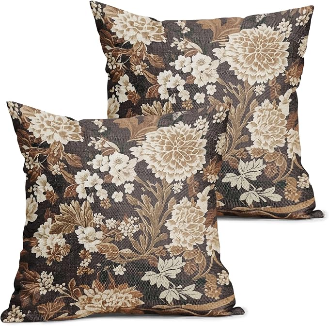 Vintage Floral Pillow Covers 24X24 Inch Set of 2 Boho White Flower Leaves Botanical Decorative Square Pillow Cases Brown Rustic Bohemian Cushion Case Farmhouse Home Decor for Sofa Couch