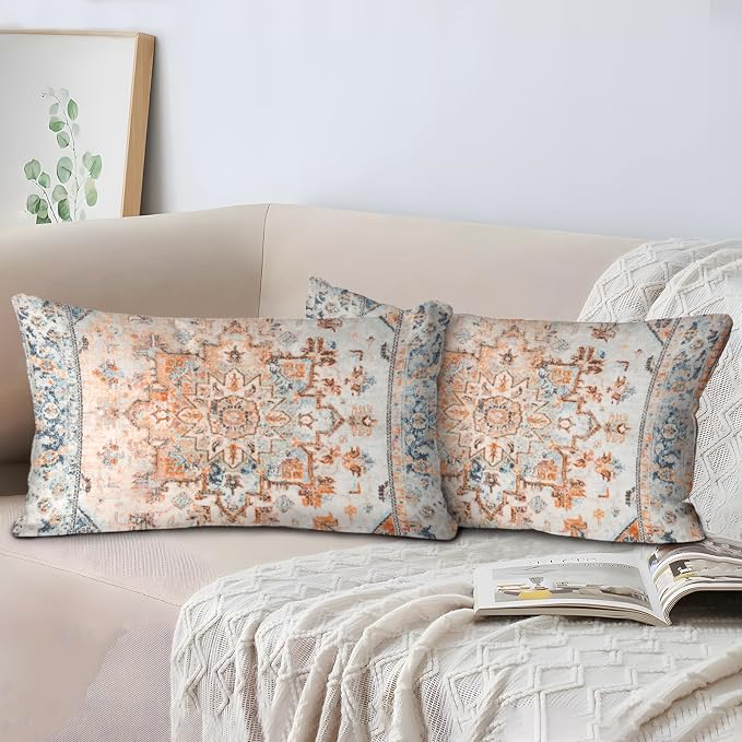 Boho Throw Pillow Covers 12x20 inch Set of 2,Boho Vintage Carpet Pattern Antique Ethnic Decor Double Sided Pattern Cushion Cover Soft Pillow Case Living Sofa Room Bed Square Pillow Cover