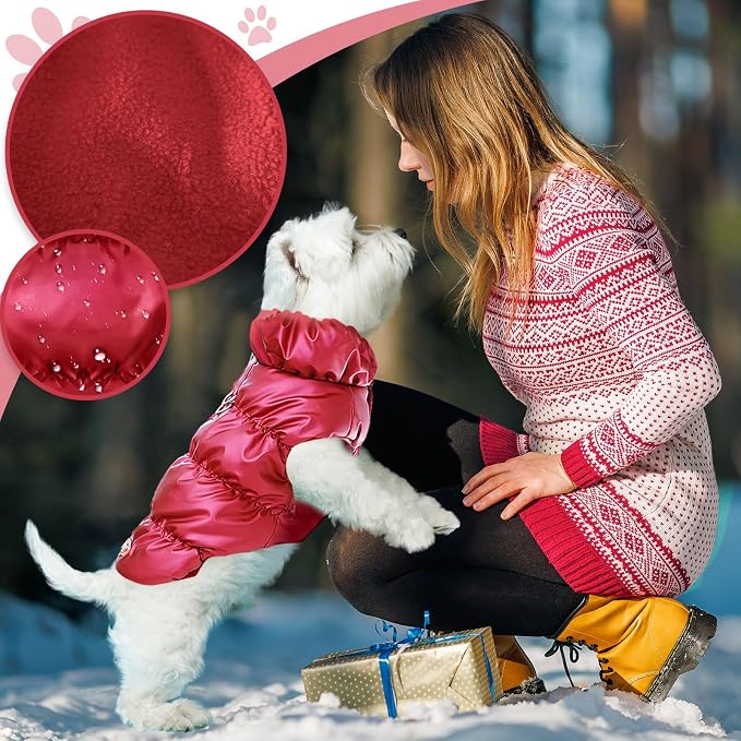 ABRRLO Winter Warm Dog Jacket for Small Medium Dogs Cat Cold Weather Coats with Harness Paded Dogs Fleece Vest Waterproof Windproof Dog Snow Jacket Pet Puppy Clothes (Wine red,XXL)