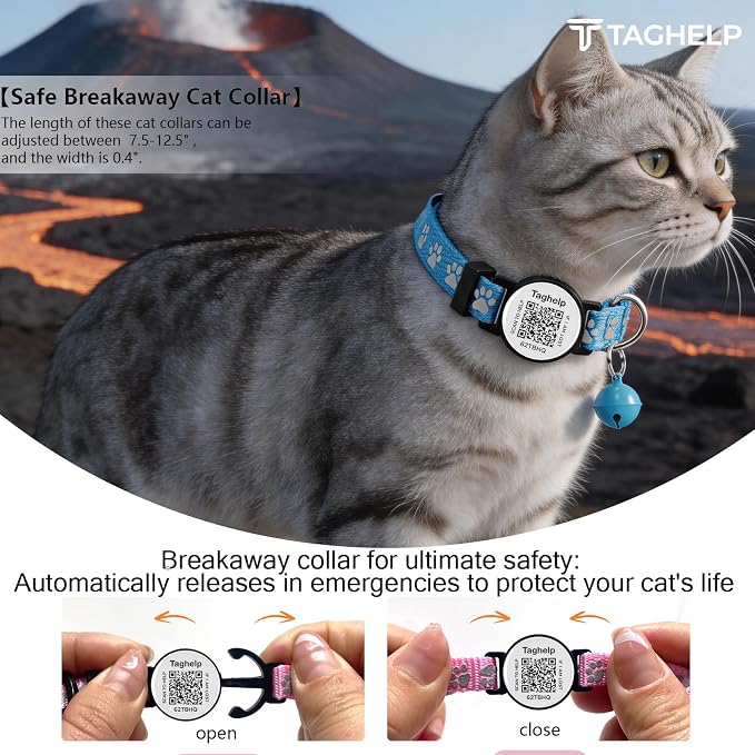 2 Pack Airtag Cat Collar, Breakaway Cat Airtag with Smart ID tag & QR Code Reflective (Star Moon & Paw Pattern - Blue, Collar Only)