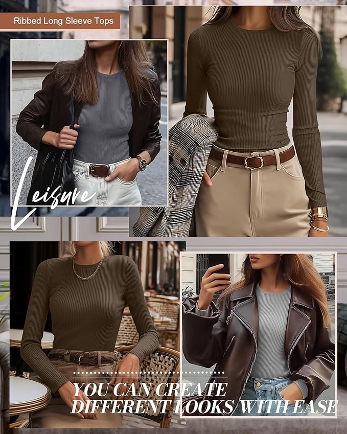 Ficerd 3 Pack Women's Ribbed Long Sleeve Tops, Crew Neck Slim Fit Undershirts Knit Basic Casual Stretch Layering Tee Shirts