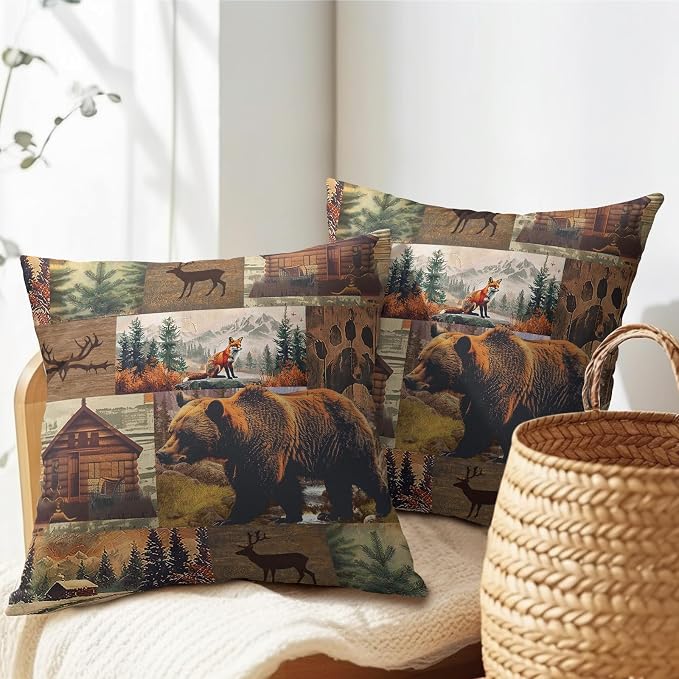 Kawani Cabin Bear Throw Pillow Covers Brown Rustic Lodge Deer Decorative Pillowcase Cotton Linen Cushion Case Square 22 x 22 Inches Pack of 2 Indoor Outdoor Living Room Bedroom Decor