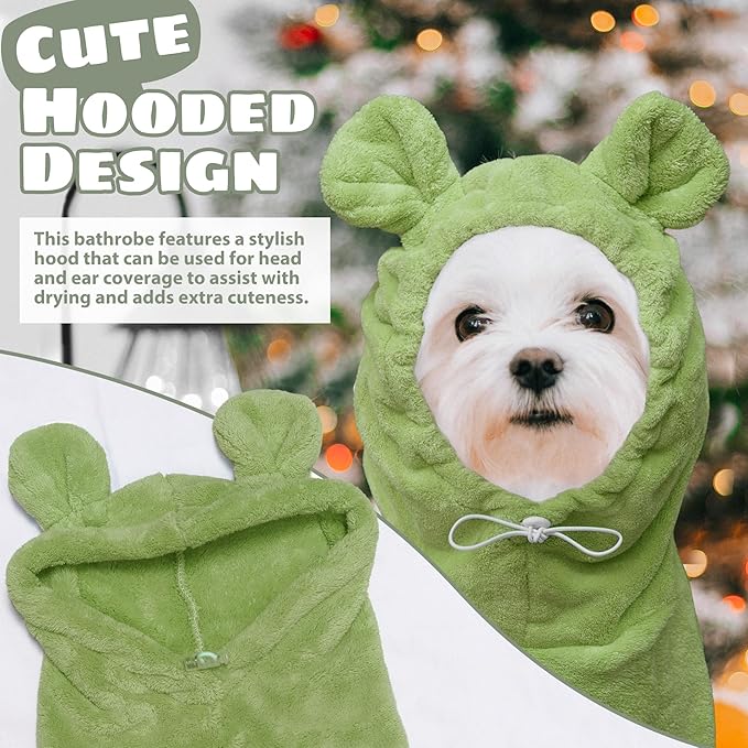 Dog Bathrobe Super Absorbent Towel Robe - Microfiber Bath Towels Fast Drying Coat for Dogs, Cute Dogs Clothes Adjustable Collar & Belly Strap Warm Keeping Hooded Dog Towel (Olive Green, Small)